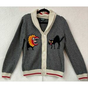 Small Loft 604 Mens Grey Cotton Shawl Collar Cardigan Lion Cat Graphic Sweater